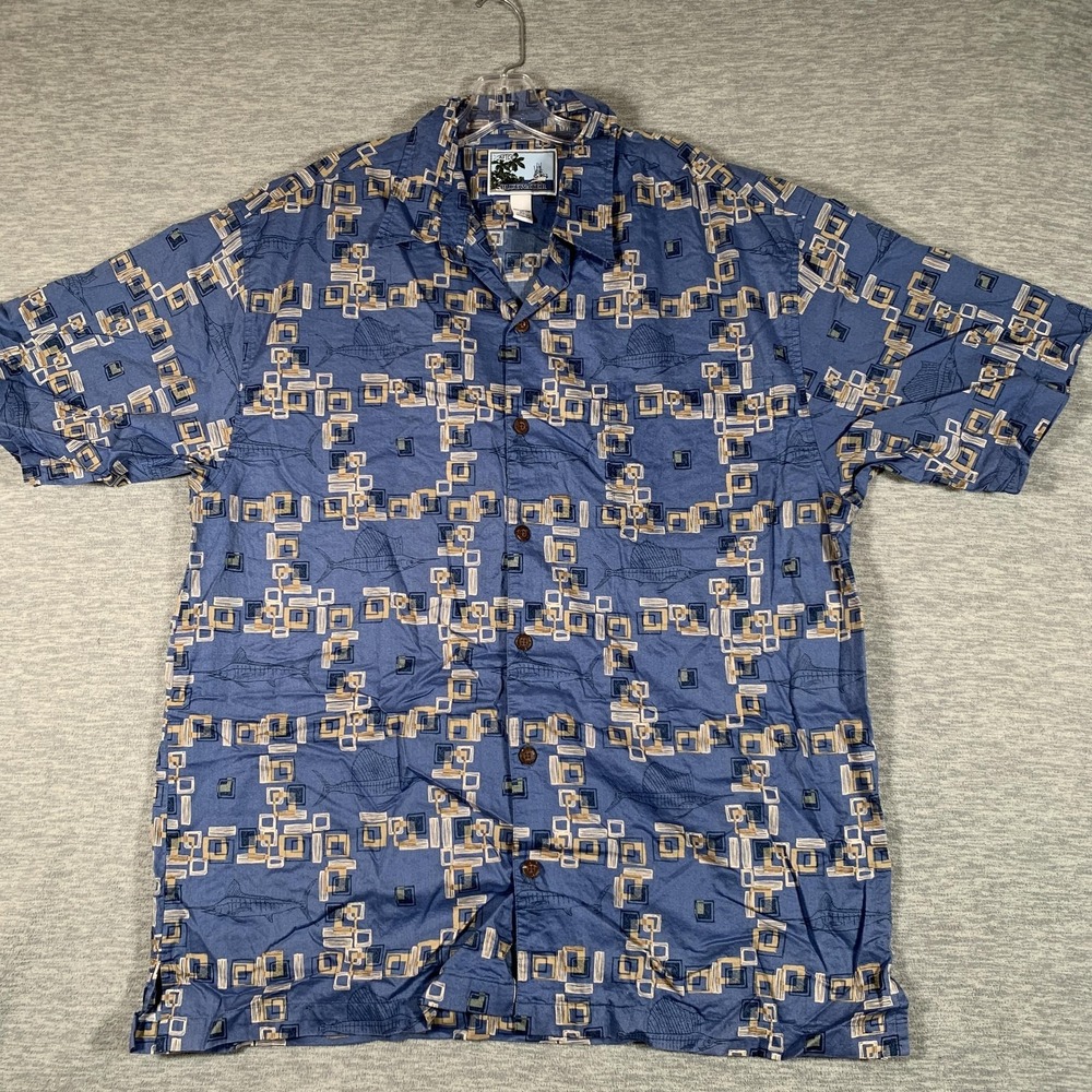 Bluewater Shirt Mens XL Blue Geometric Fish Short Sleeve Button Front‎ Cotton